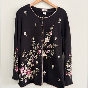 Tiara Black Cardigan Sweater with Floral Embroidery Button Front Vintage